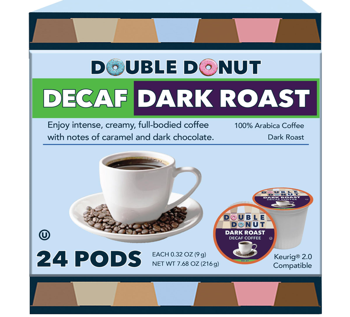 Double Donut Coffee decaf dark roast pod for rich, caffeine-free flavor