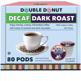 Double Donut decaf dark roast pods for Keurig machines deliver bold flavor without caffeine.