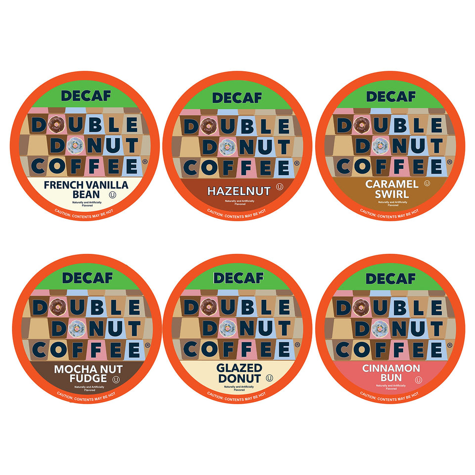 Double Donut Coffee Caramel Swirl decaf flavor sampler for a cozy afternoon treat.