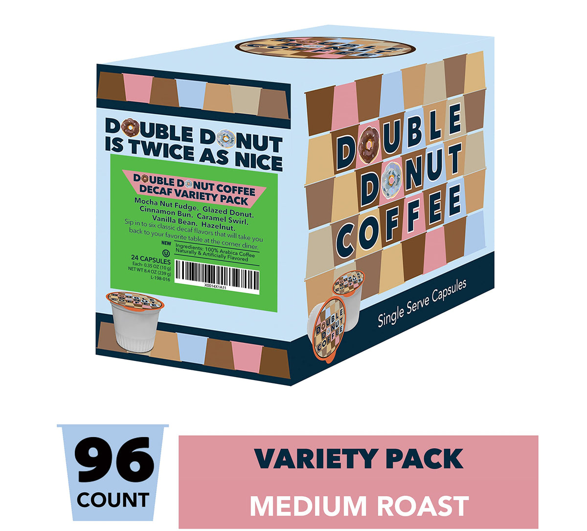 Double Donut Mocha Nut Fudge decaf cup delivers chocolatey aroma and smooth finish.