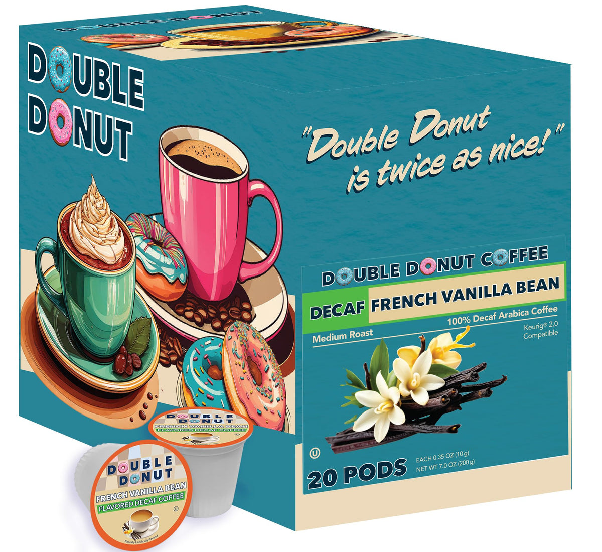 Double Donut Coffee decaf French Vanilla cup with steam for a cozy moment.