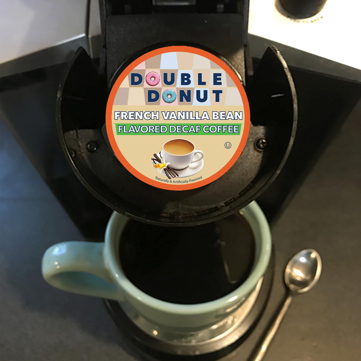 Double Donut Coffee decaf French Vanilla K-Cup compatible brew ready.