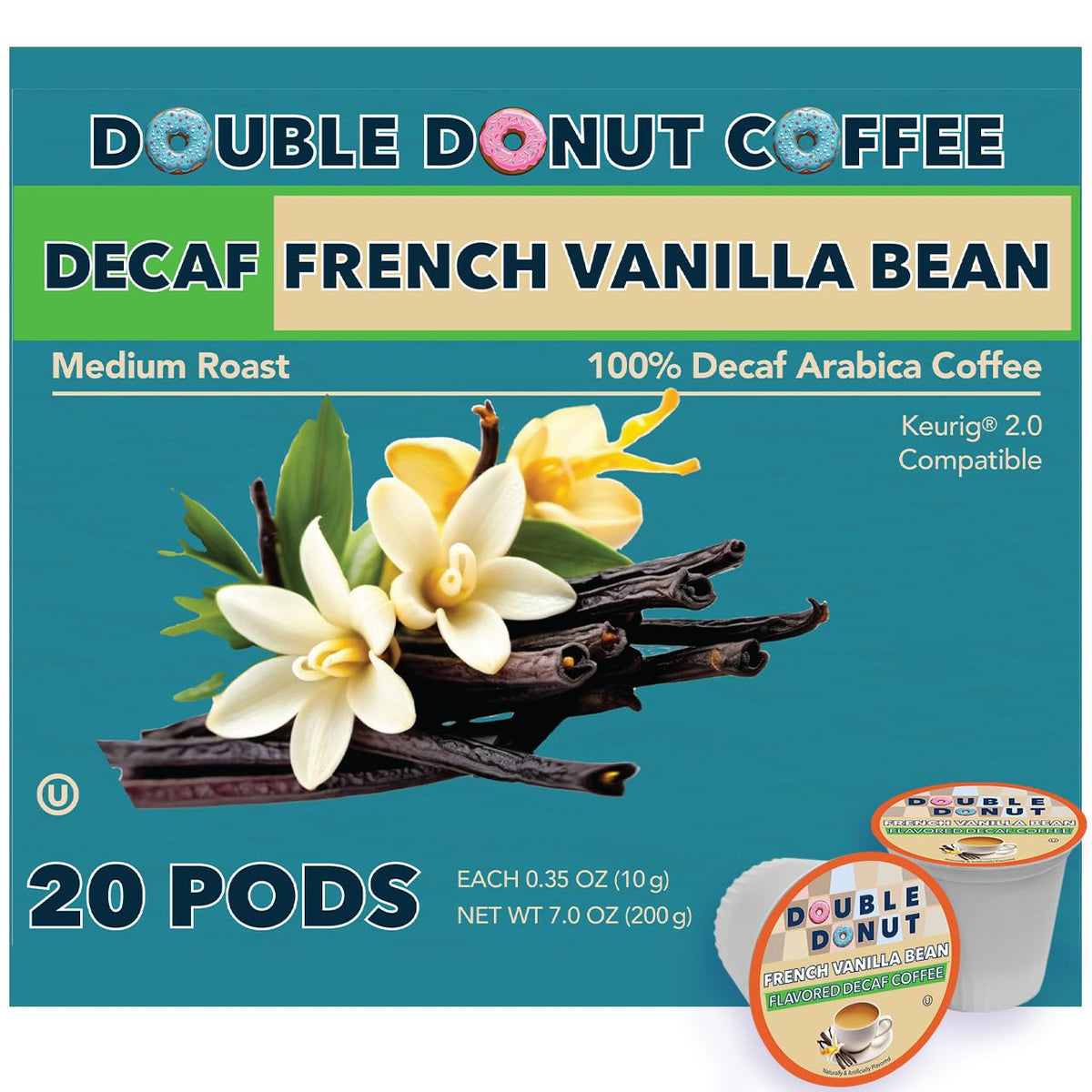 Double Donut Coffee decaf French Vanilla pack front, ideal for quick flavor selection.