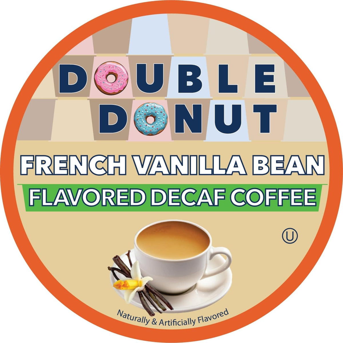 Double Donut Coffee decaf French Vanilla pod close-up highlighting premium Arabica beans.