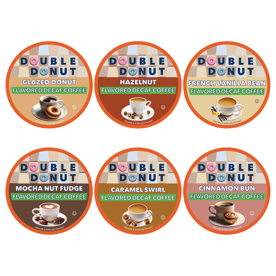 Double Donut Coffee decaf variety-pack box, convenient for everyday enjoyment.