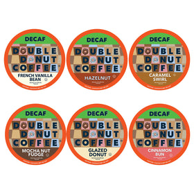Double Donut Coffee decaf variety pack on display with recyclable capsules for Keurig brewers