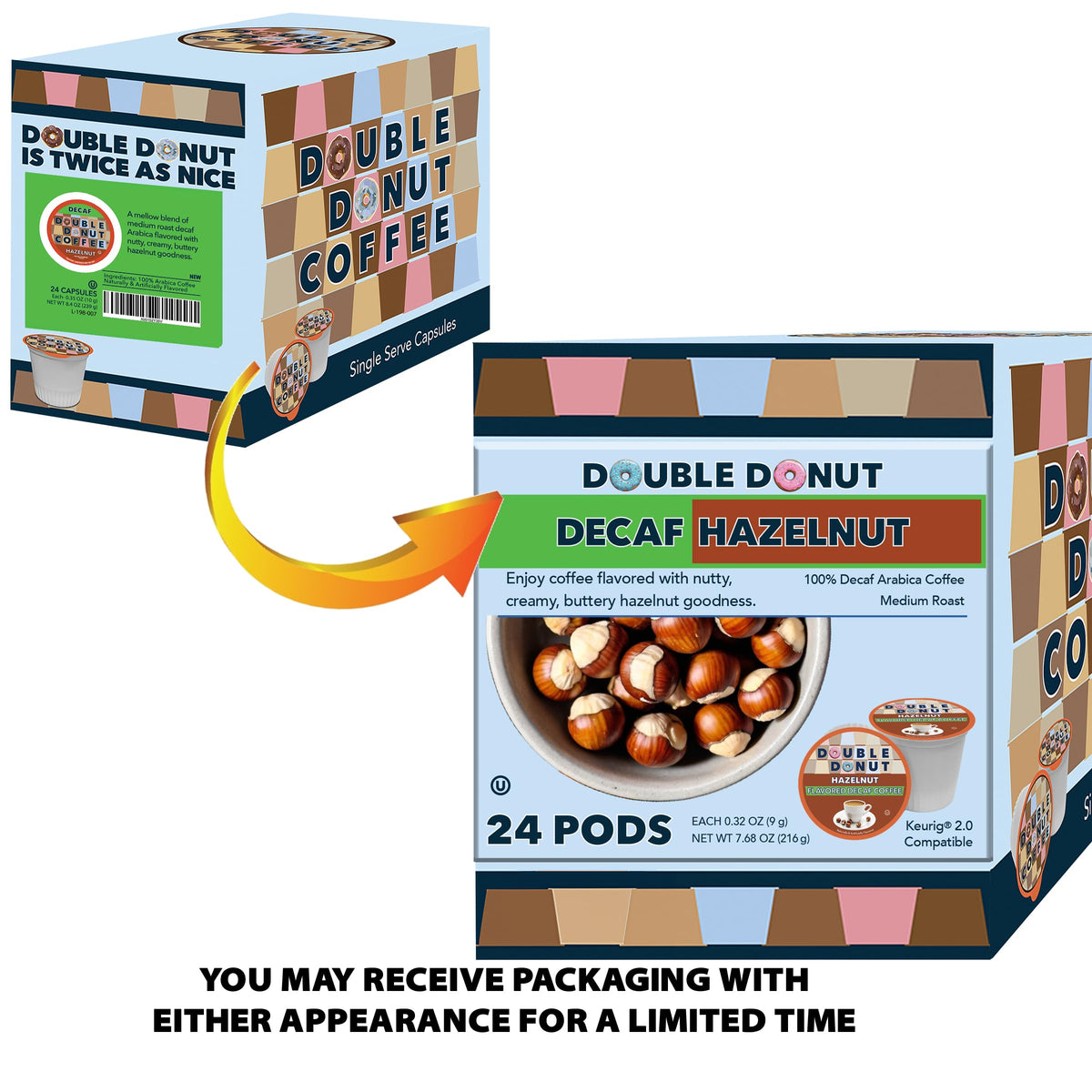 Eco-friendly recyclable packaging for Double Donut coffee pods.