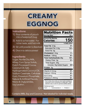 Double Donut Coffee eggnog hot cocoa packet close-up with rich vanilla cocoa.