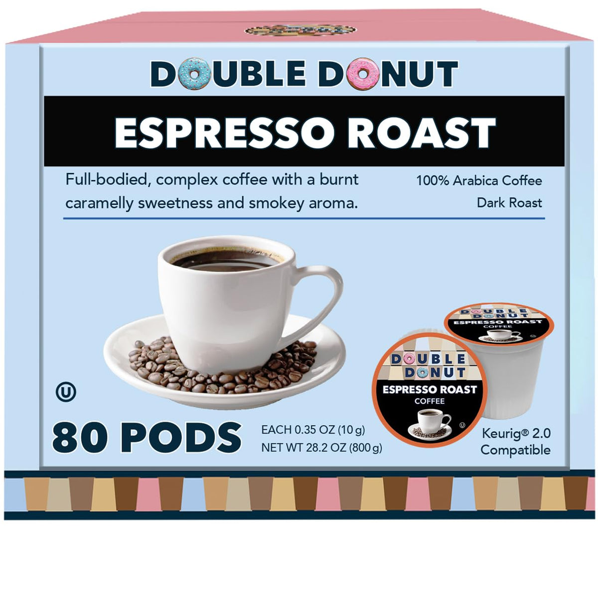 Double Donut Espresso Roast pod closeup with rich burnt caramel aroma.