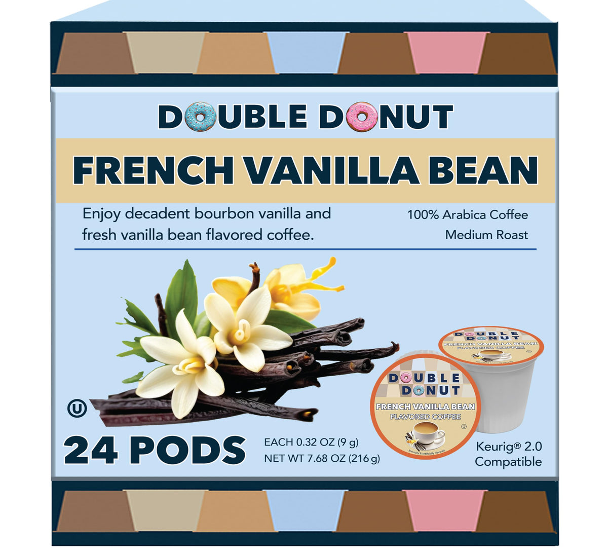 Double Donut French Vanilla pods brew a fragrant vanilla aroma for Keurig
