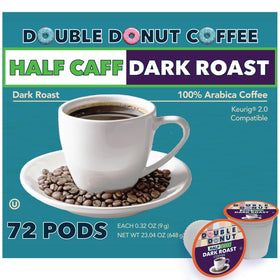Double Donut Coffee half-caff dark roast pods, ideal for anytime caffeine control and rich flavor.