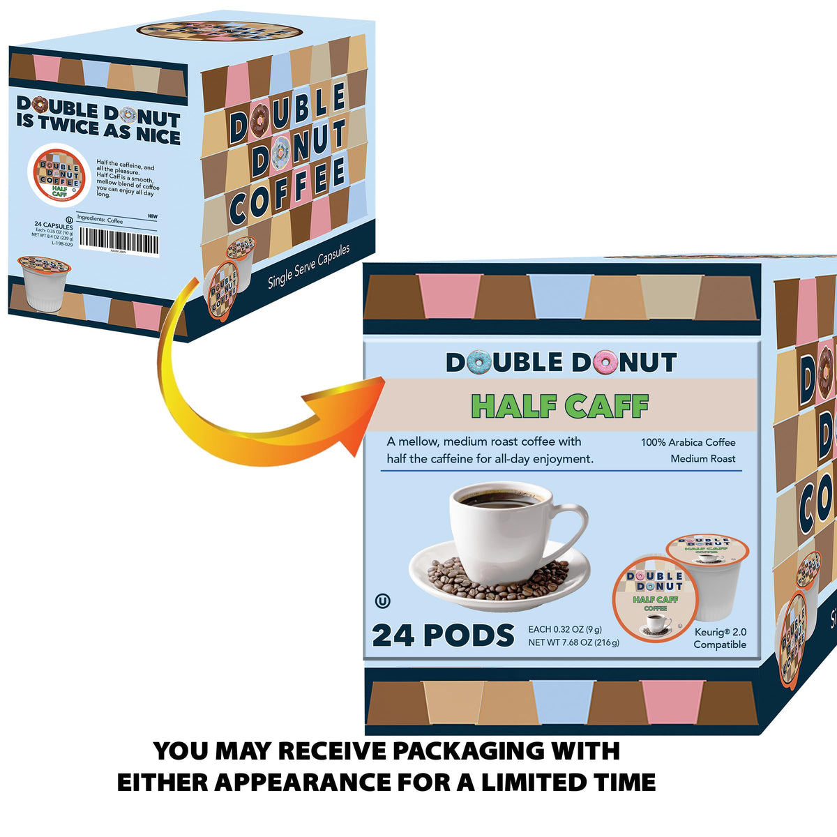 Double Donut Coffee half-caff pods compatible with Keurig 2.0 brewers