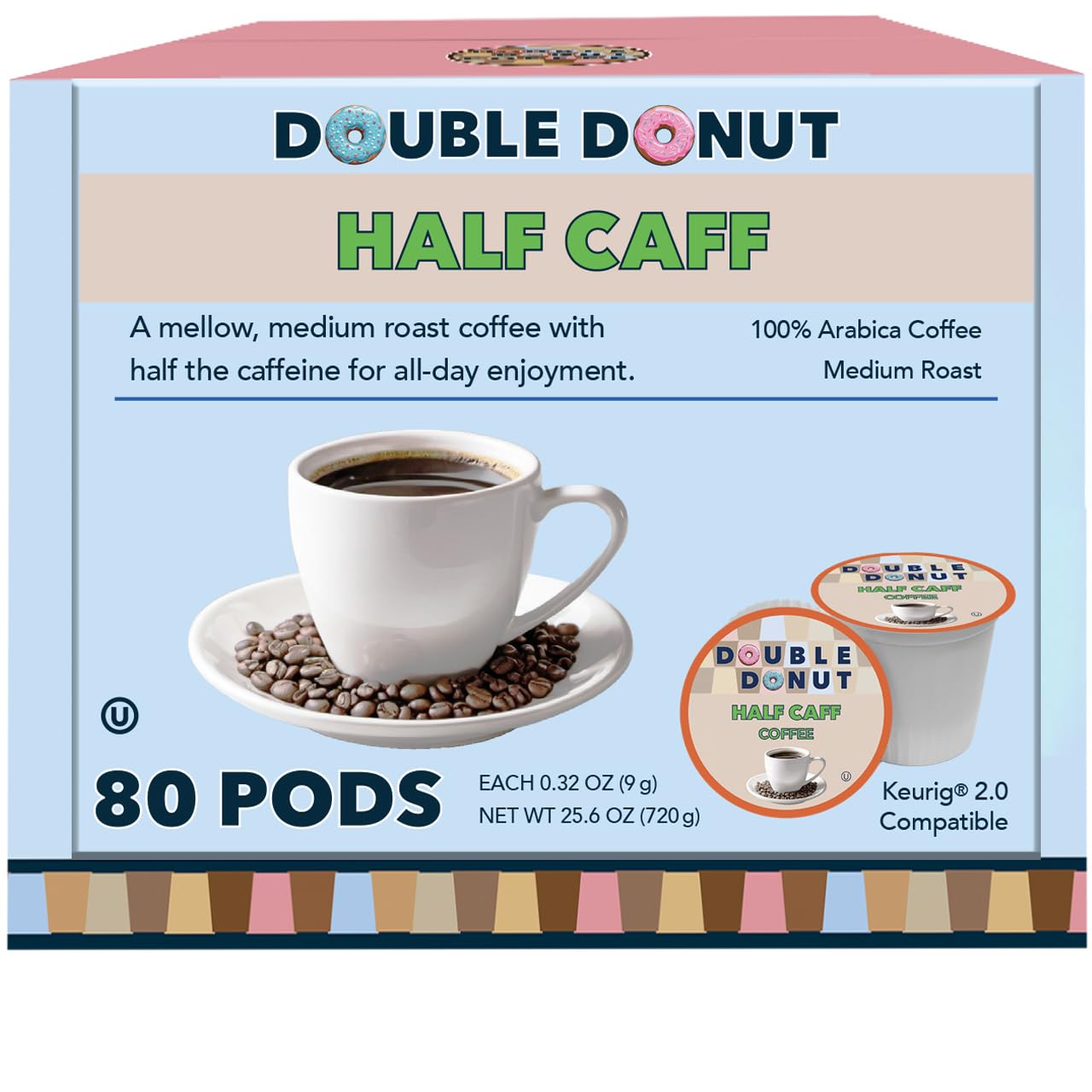 Double Donut Coffee half-caf pods in box for easy access and planning