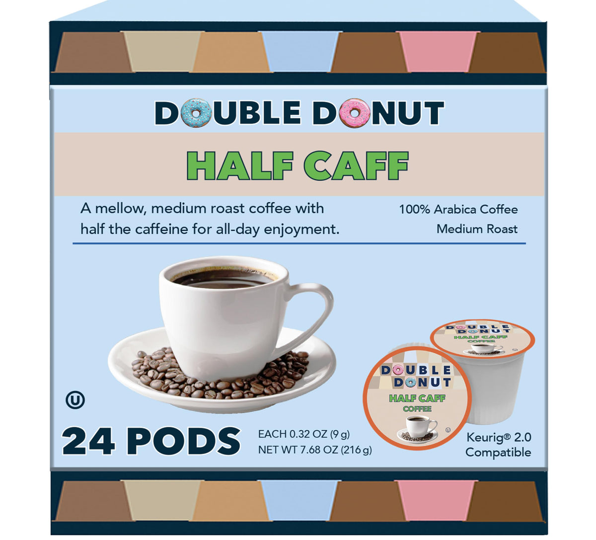 Double Donut Coffee half caff pods pour a smooth mug with full flavor