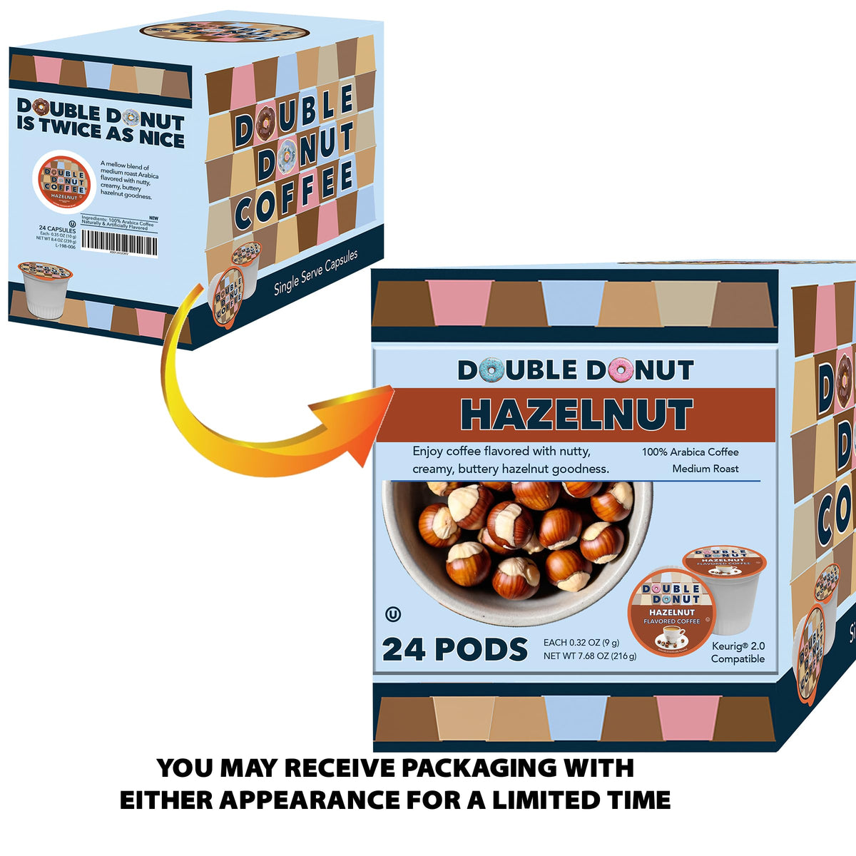Double Donut Coffee Hazelnut 24-count box for convenient everyday use.