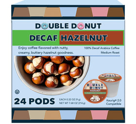Double Donut Coffee hazelnut decaf pods 24-pack box for home use.