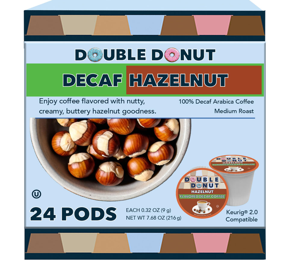 Double Donut Coffee hazelnut decaf pods 24-pack box for home use.