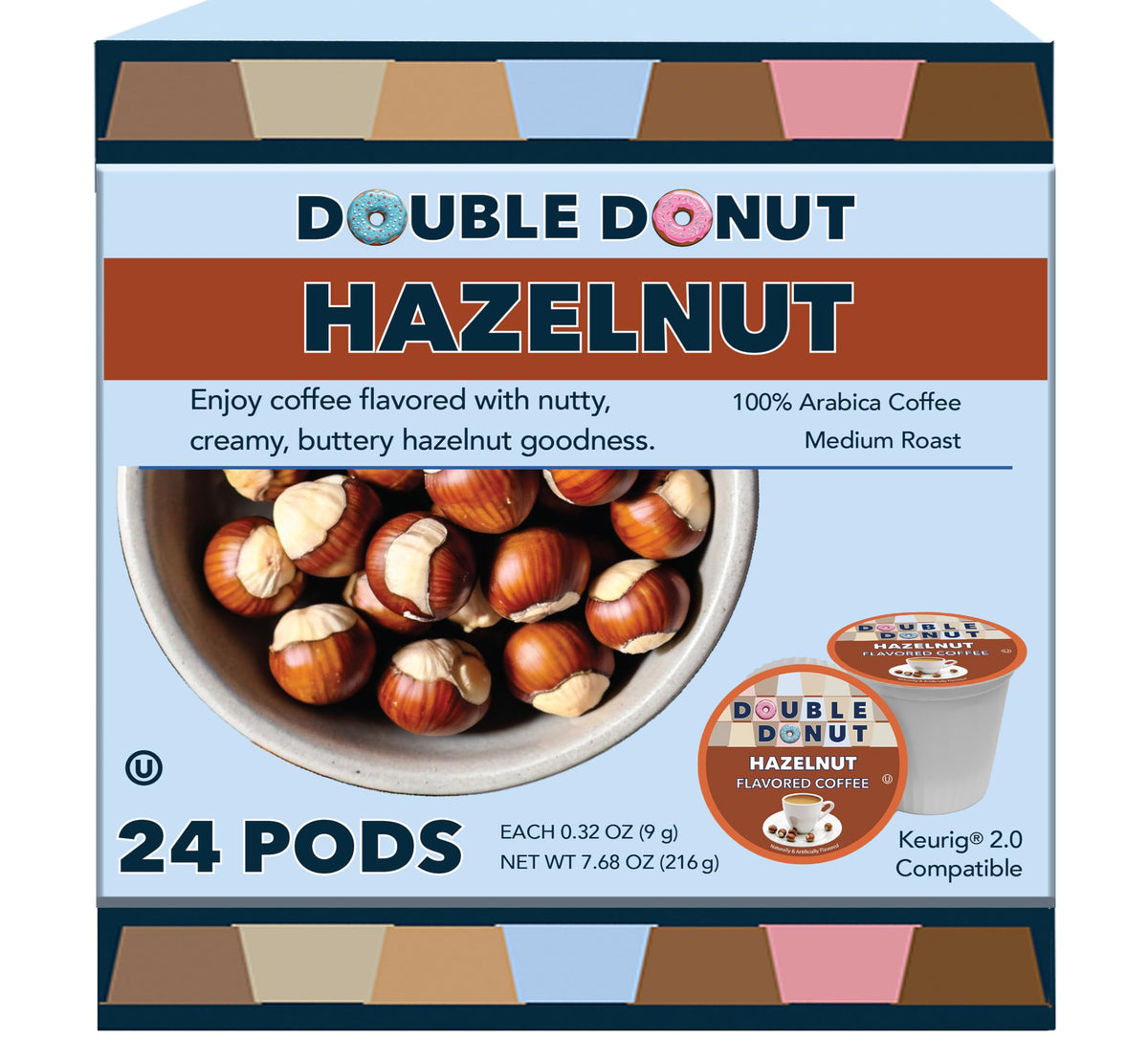 Double Donut Coffee Hazelnut pods packaging highlights recyclable, eco-friendly design.