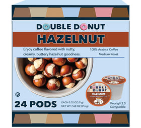 Double Donut Coffee Hazelnut pods packaging highlights recyclable, eco-friendly design.