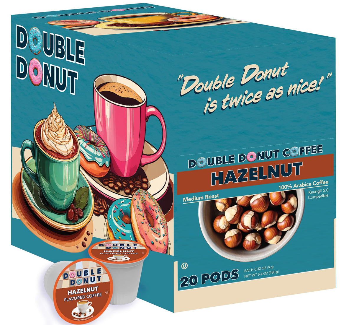 Double Donut Coffee hazelnut pods are Keurig-compatible for quick brewing.