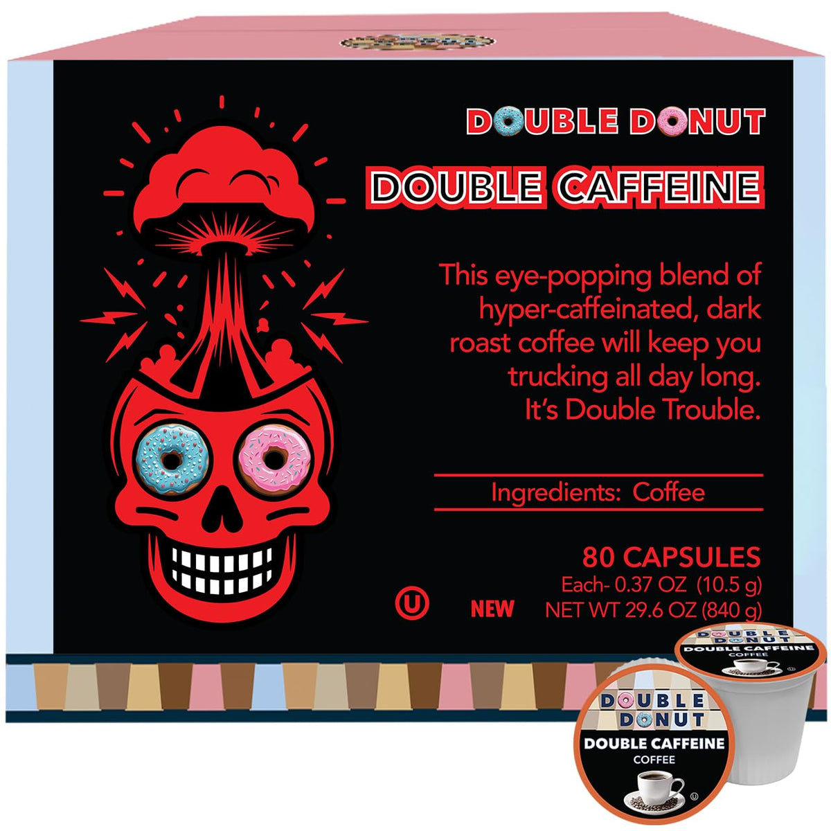 Double Donut high caffeine pods front view for bold mornings