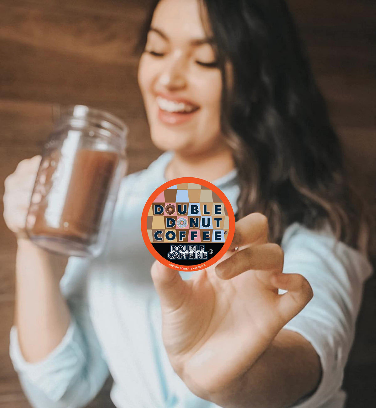 Double Donut Coffee 2x caffeine pods compatible with Keurig brewers for quick cups.