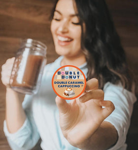 Double Donut coffee Keurig-compatible pods ready for fast caramel cappuccino.