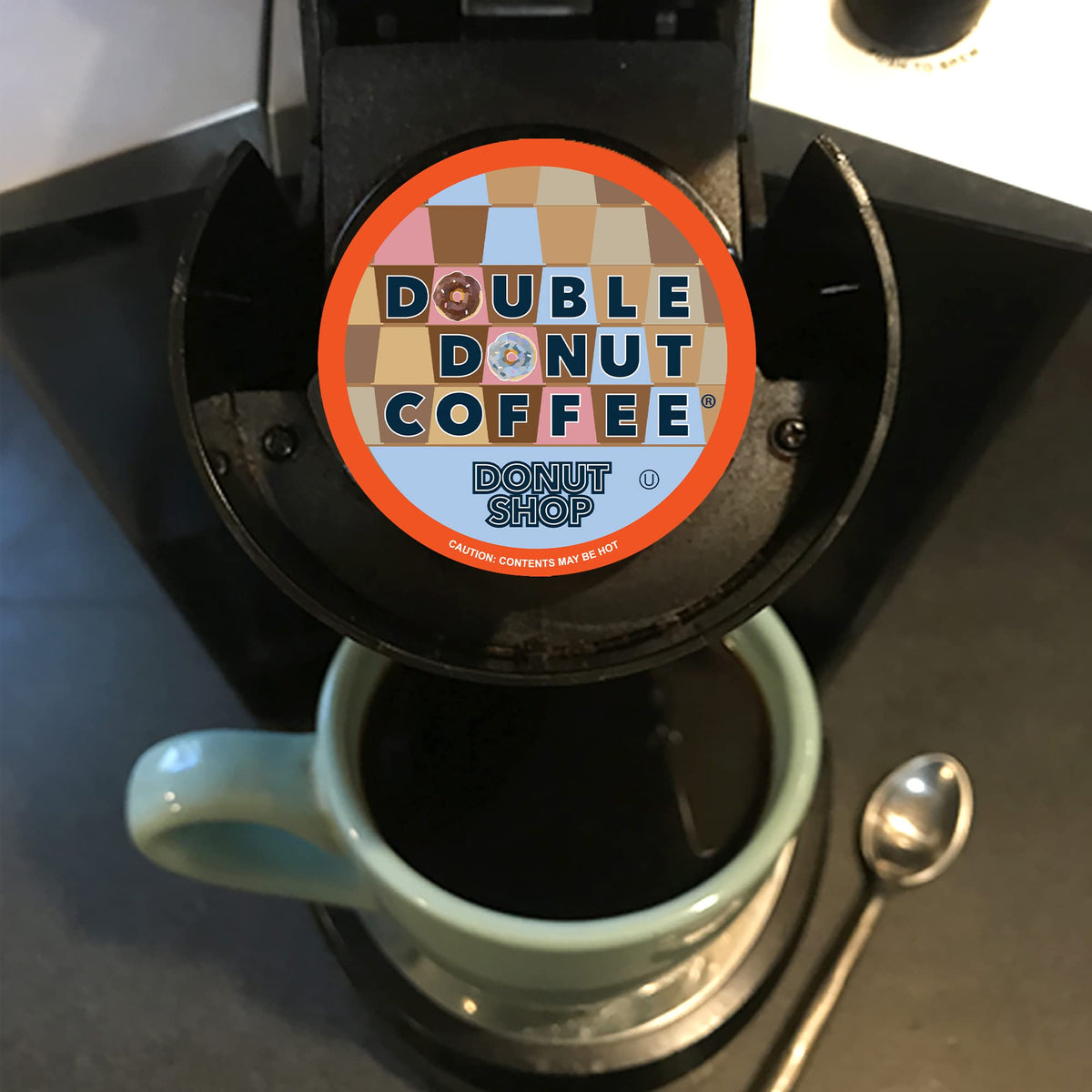 Keurig-compatible cups by Double Donut ensure easy brewing and clean-up.