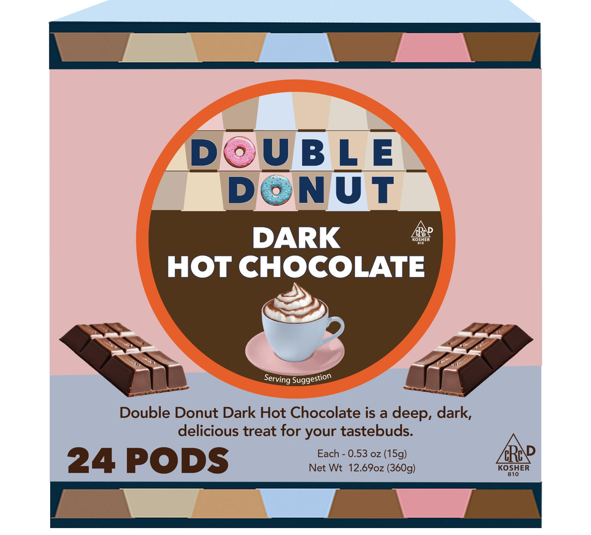 Double Donut Coffee dark hot cocoa pods packaging front for easy pantry storage.