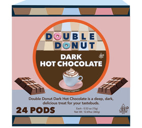 Double Donut Coffee dark hot cocoa pods packaging front for easy pantry storage.
