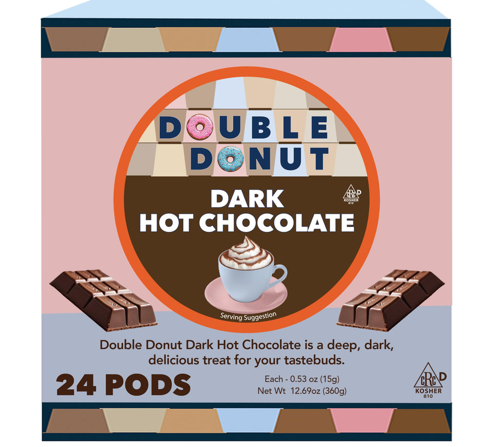 Double Donut Coffee dark hot cocoa pods packaging front for easy pantry storage.