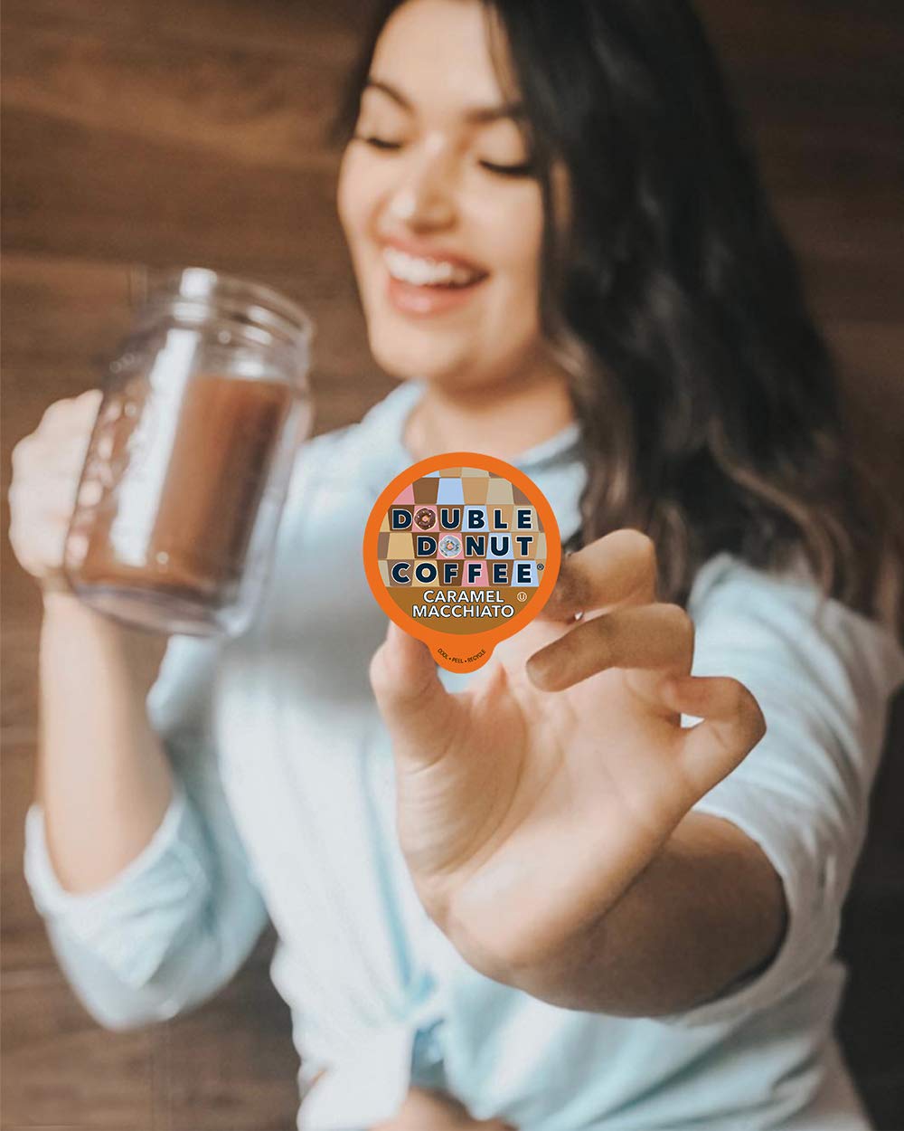 Steaming cup of caramel macchiato from Double Donut pods