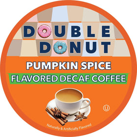 Double Donut Coffee pumpkin spice decaf box demonstrates convenience and value.