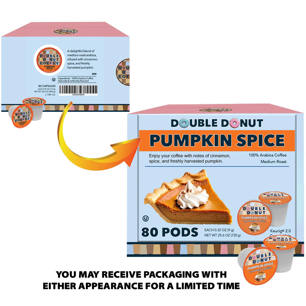 Double Donut Coffee pumpkin spice pods beside Keurig machine ready to brew