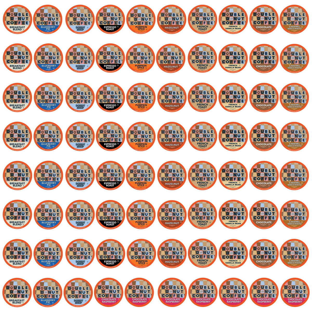 Double Donut Coffee variety pack with 80 count showing multiple flavors for at-home tastings.