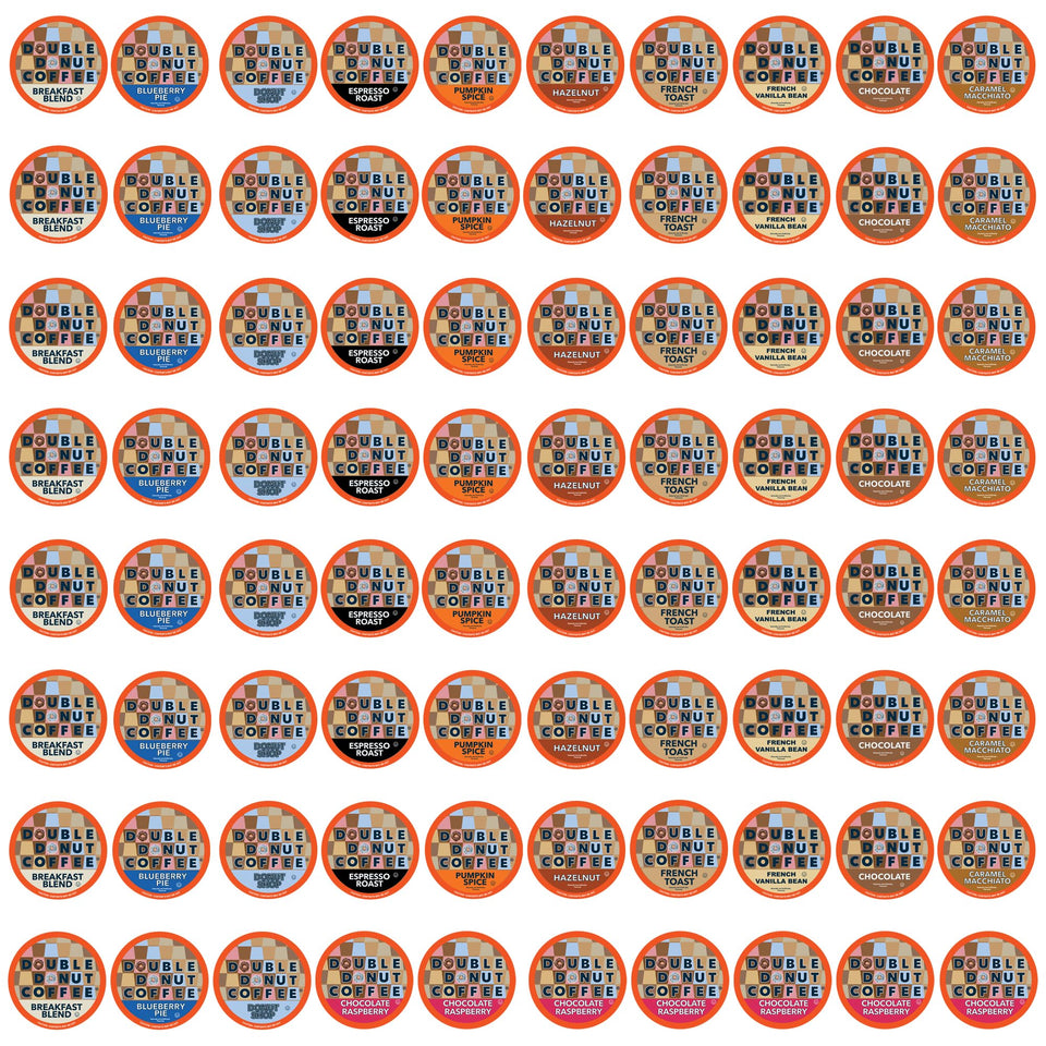 Double Donut Coffee variety pack with 80 count showing multiple flavors for at-home tastings.