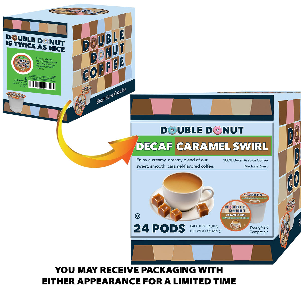 Double Donut Caramel Swirl decaf pods compatible with Keurig brewers.