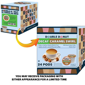 Double Donut Caramel Swirl decaf pods compatible with Keurig brewers.
