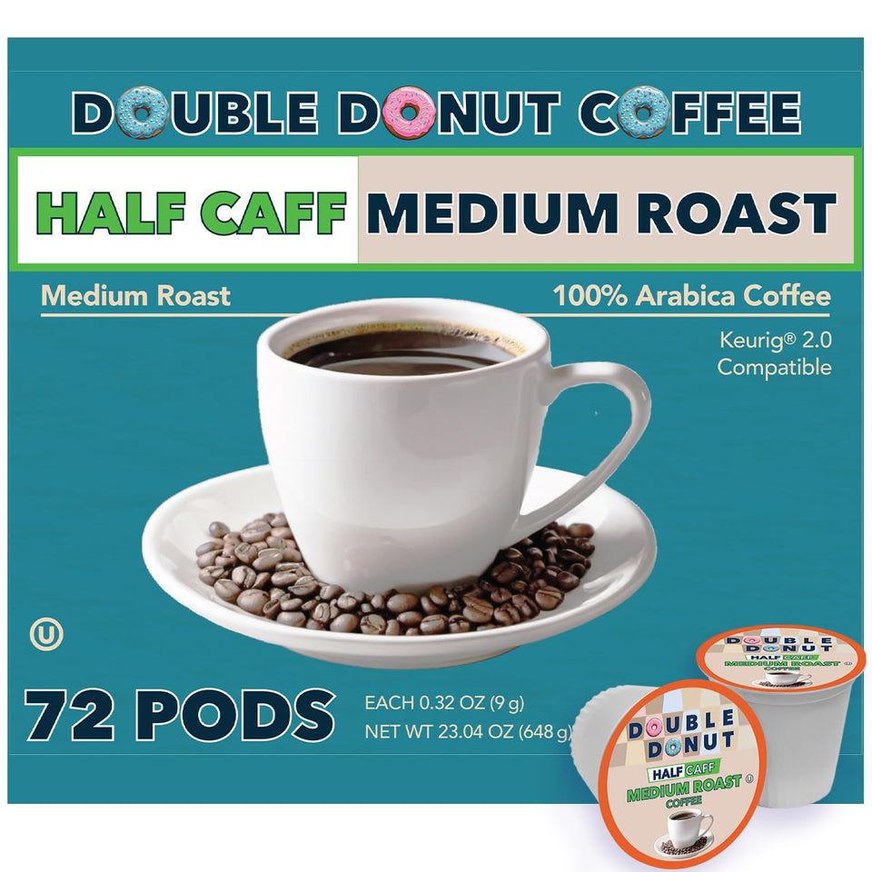Double Donut half caff pods box for convenient daily brewing.