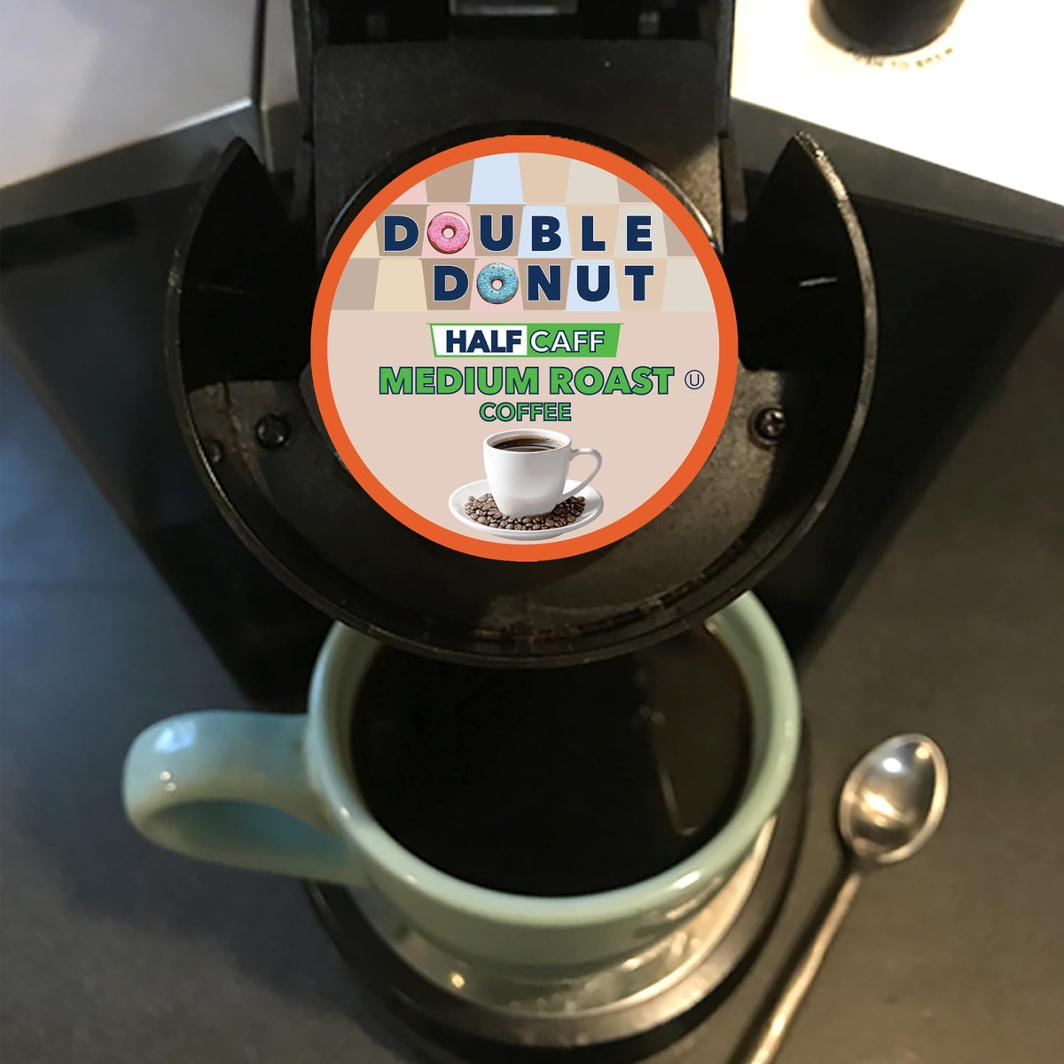 Brewed Double Donut half-caff coffee poured into a mug.