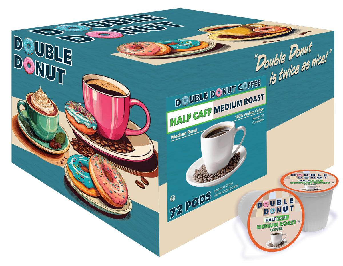 Cup beside Double Donut half-caff pods ready to brew.