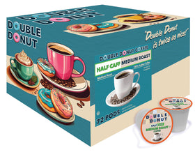 Cup beside Double Donut half-caff pods ready to brew.