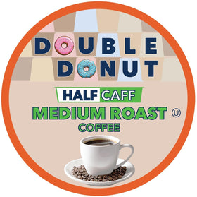 Packaging of Double Donut half-caff pods highlighting recyclability.
