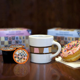 Double Donut Keurig compatibility image shows easy drop in pods for 1.0 and 2.0