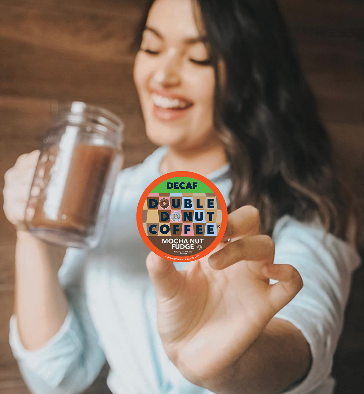 Double Donut Mocha Nut Fudge pod in cup showing smooth, dessert-inspired taste.