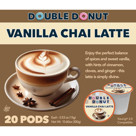 Double Donut Vanilla Chai Latte Pods pack close-up with creamy vanilla aroma for cozy mornings