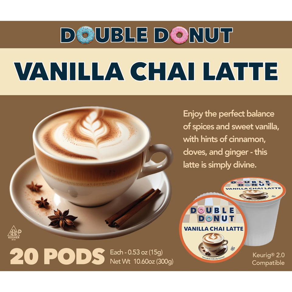 Double Donut Vanilla Chai Latte Pods pack close-up with creamy vanilla aroma for cozy mornings
