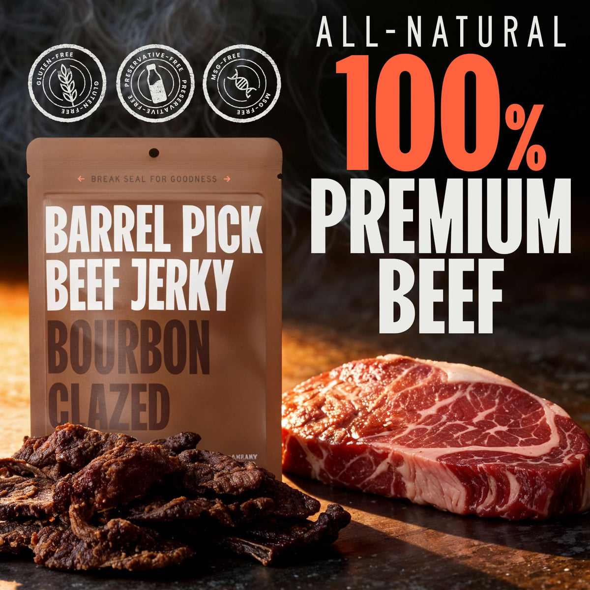 Close-up of glossy bourbon glaze on jerky strips.