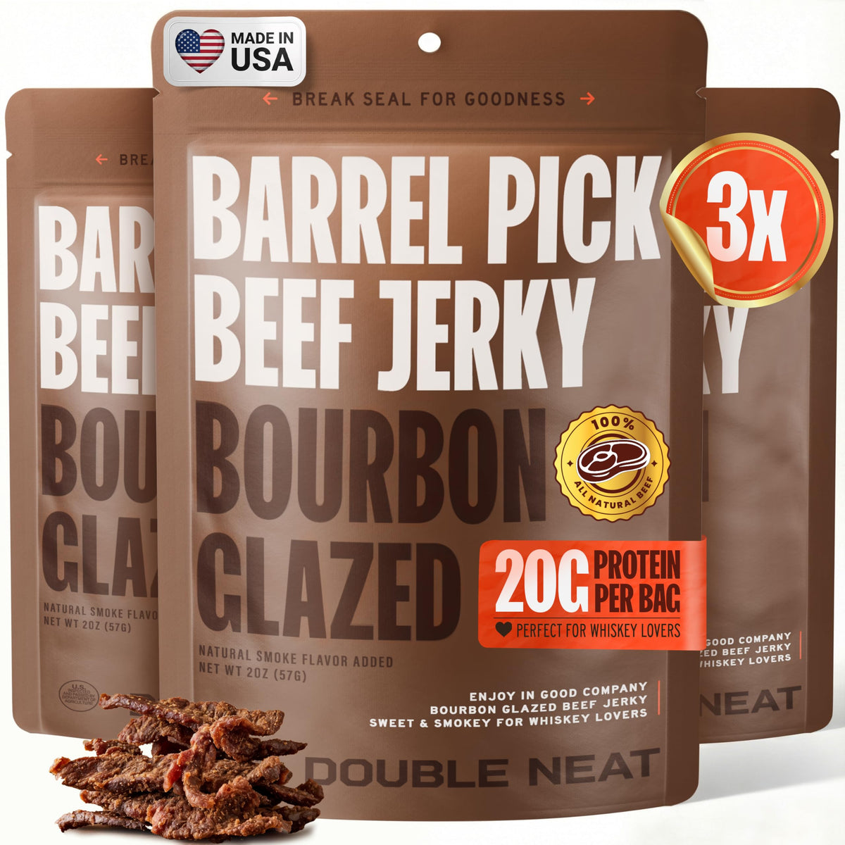 Double Neat bourbon glazed beef jerky front pack view, gift-ready.