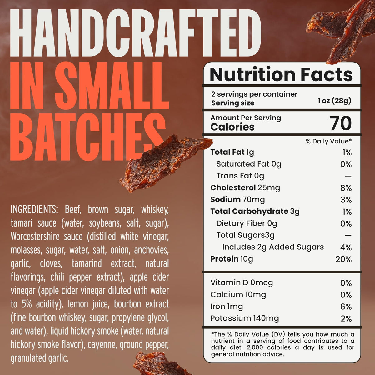 Two-ounce servings label close-up highlighting protein per serving.